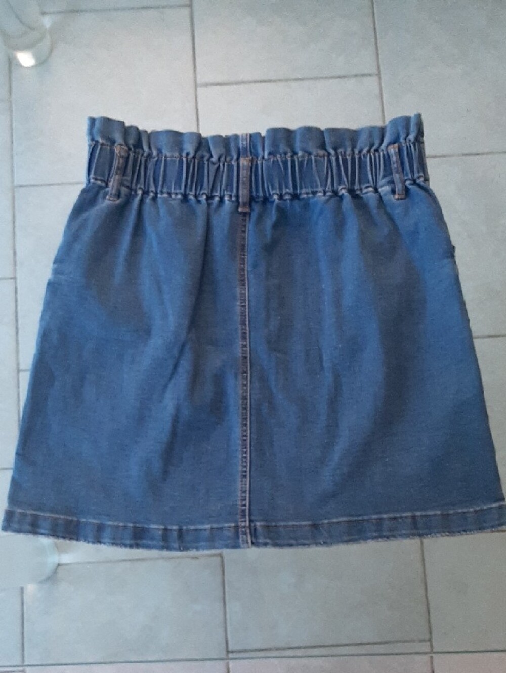Dex💙Blue Denim Mini Skirt Elastic Waist Zipper+2 Buttons Front Pockets Sz 31 - Picture 3 of 8